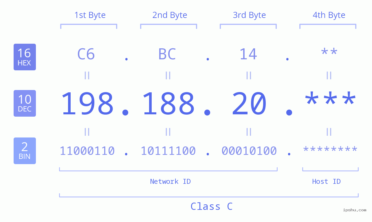 IP Address: 198.188.20 Data Structure Chart BIN DEC HEX IPv4: 198.188.20 Network Class, Net ID, Host ID