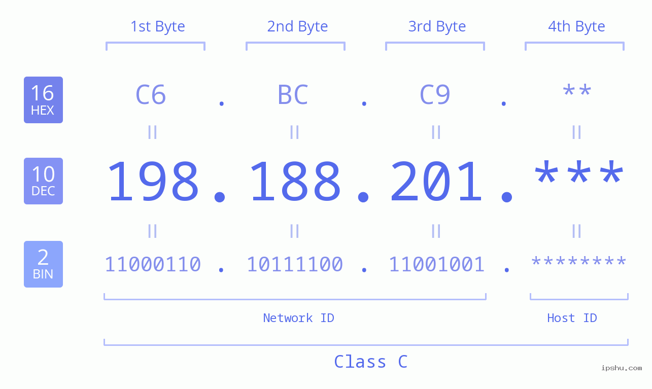 IP Address: 198.188.201 Data Structure Chart BIN DEC HEX IPv4: 198.188.201 Network Class, Net ID, Host ID