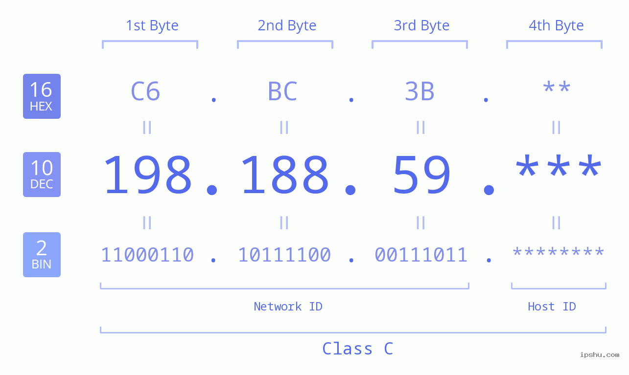 IP Address: 198.188.59 Data Structure Chart BIN DEC HEX IPv4: 198.188.59 Network Class, Net ID, Host ID