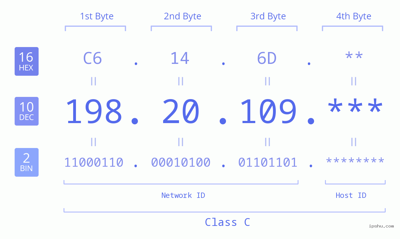 IP Address: 198.20.109 Data Structure Chart BIN DEC HEX IPv4: 198.20.109 Network Class, Net ID, Host ID