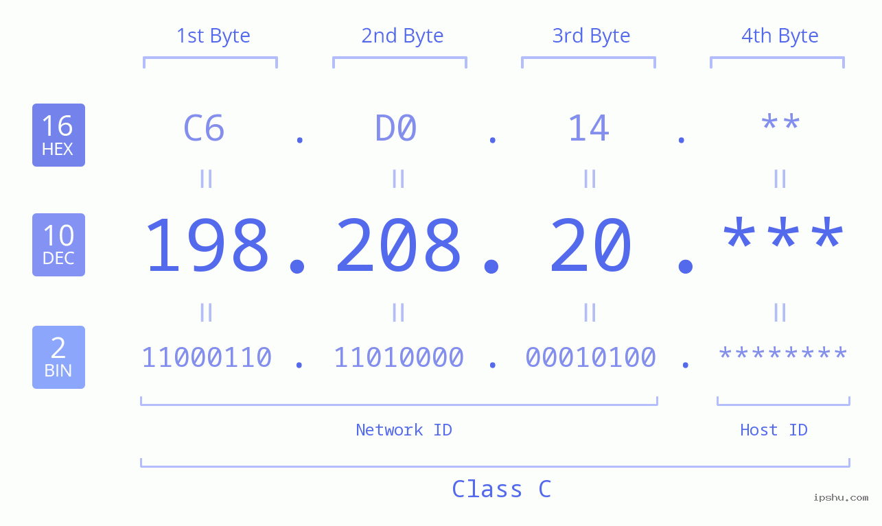 IP Address: 198.208.20 Data Structure Chart BIN DEC HEX IPv4: 198.208.20 Network Class, Net ID, Host ID