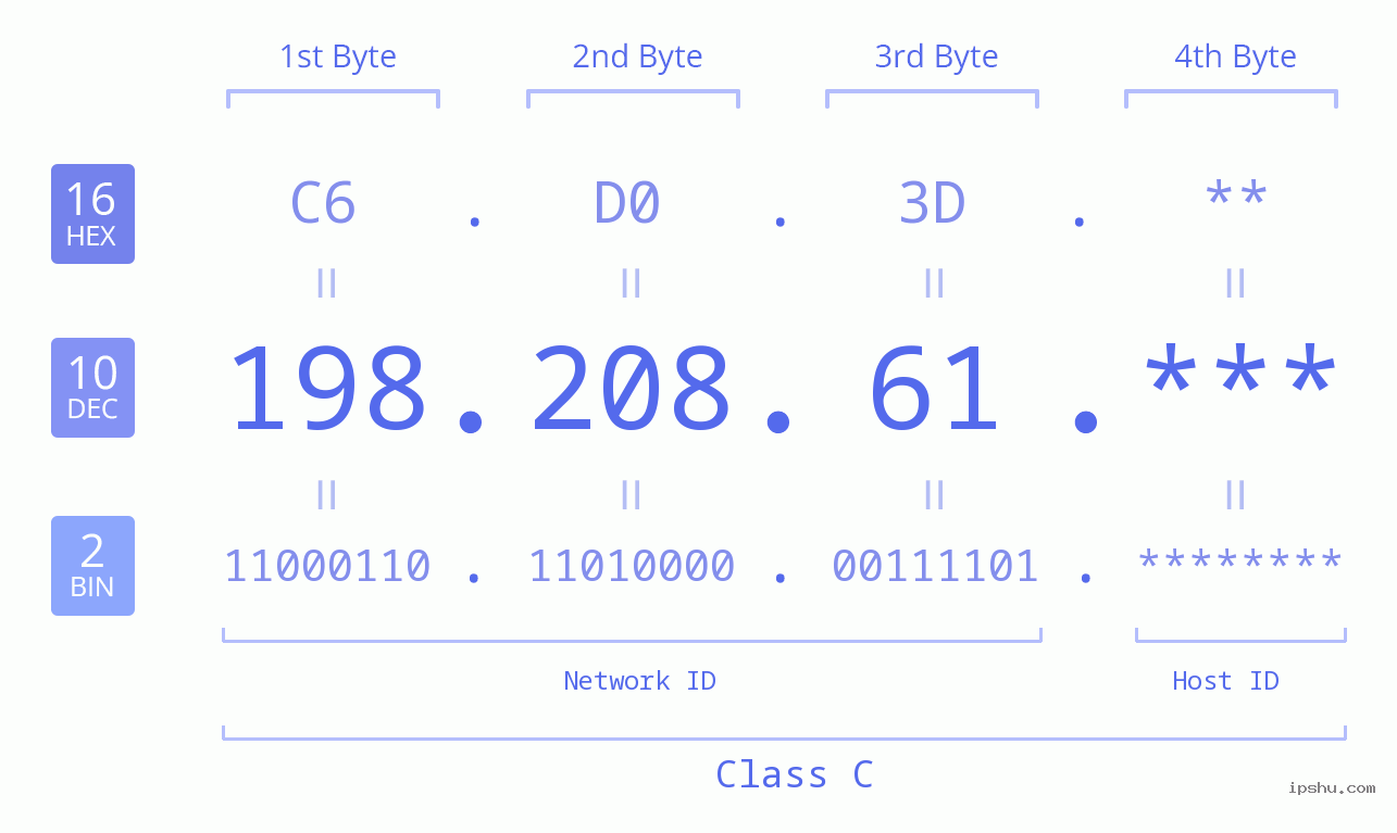 IP Address: 198.208.61 Data Structure Chart BIN DEC HEX IPv4: 198.208.61 Network Class, Net ID, Host ID