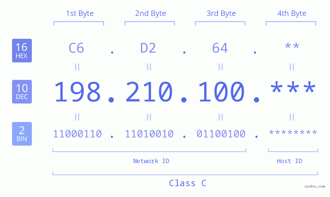 IP Address: 198.210.100 Data Structure Chart BIN DEC HEX IPv4: 198.210.100 Network Class, Net ID, Host ID