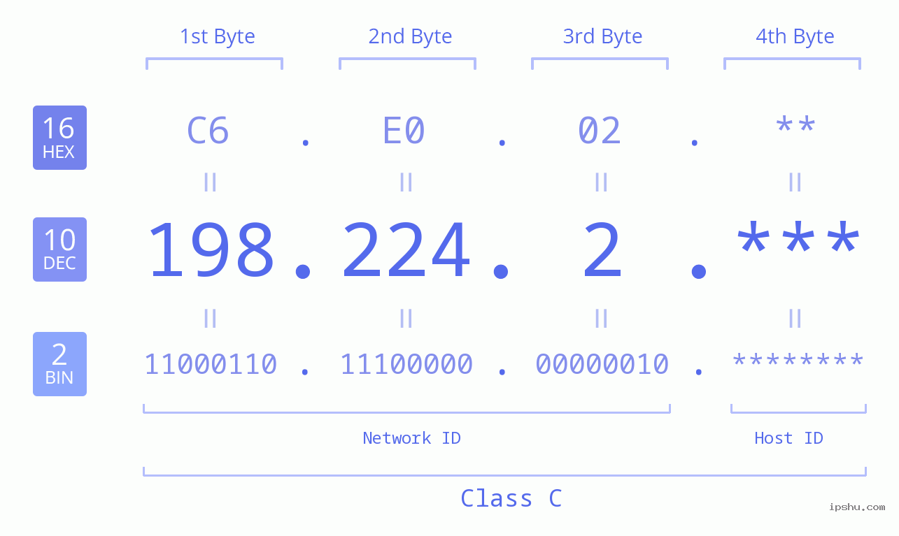 IP Address: 198.224.2 Data Structure Chart BIN DEC HEX IPv4: 198.224.2 Network Class, Net ID, Host ID