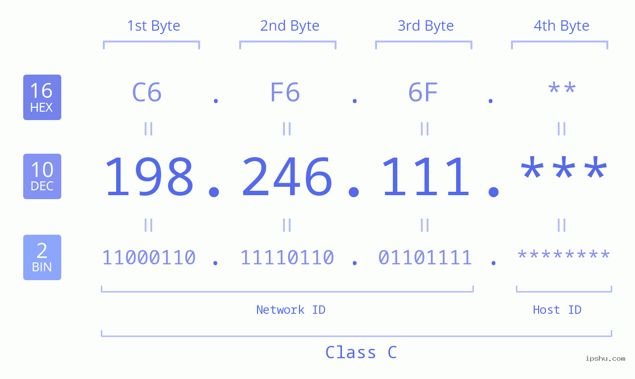 IP Address: 198.246.111 Data Structure Chart BIN DEC HEX IPv4: 198.246.111 Network Class, Net ID, Host ID
