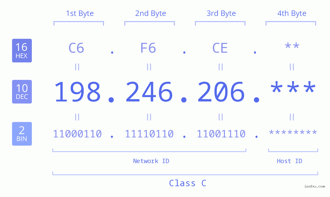 IP Address: 198.246.206 Data Structure Chart BIN DEC HEX IPv4: 198.246.206 Network Class, Net ID, Host ID