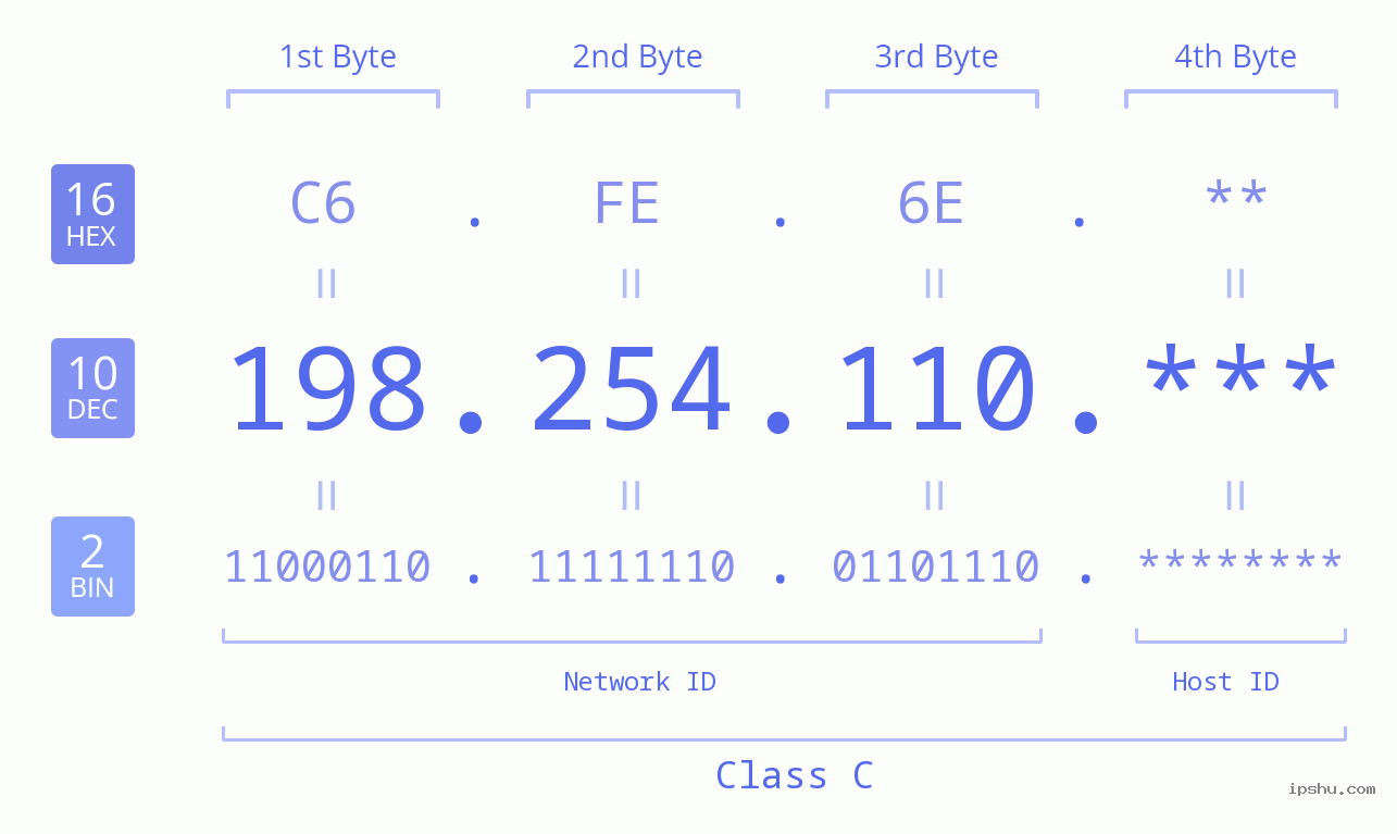 IP Address: 198.254.110 Data Structure Chart BIN DEC HEX IPv4: 198.254.110 Network Class, Net ID, Host ID