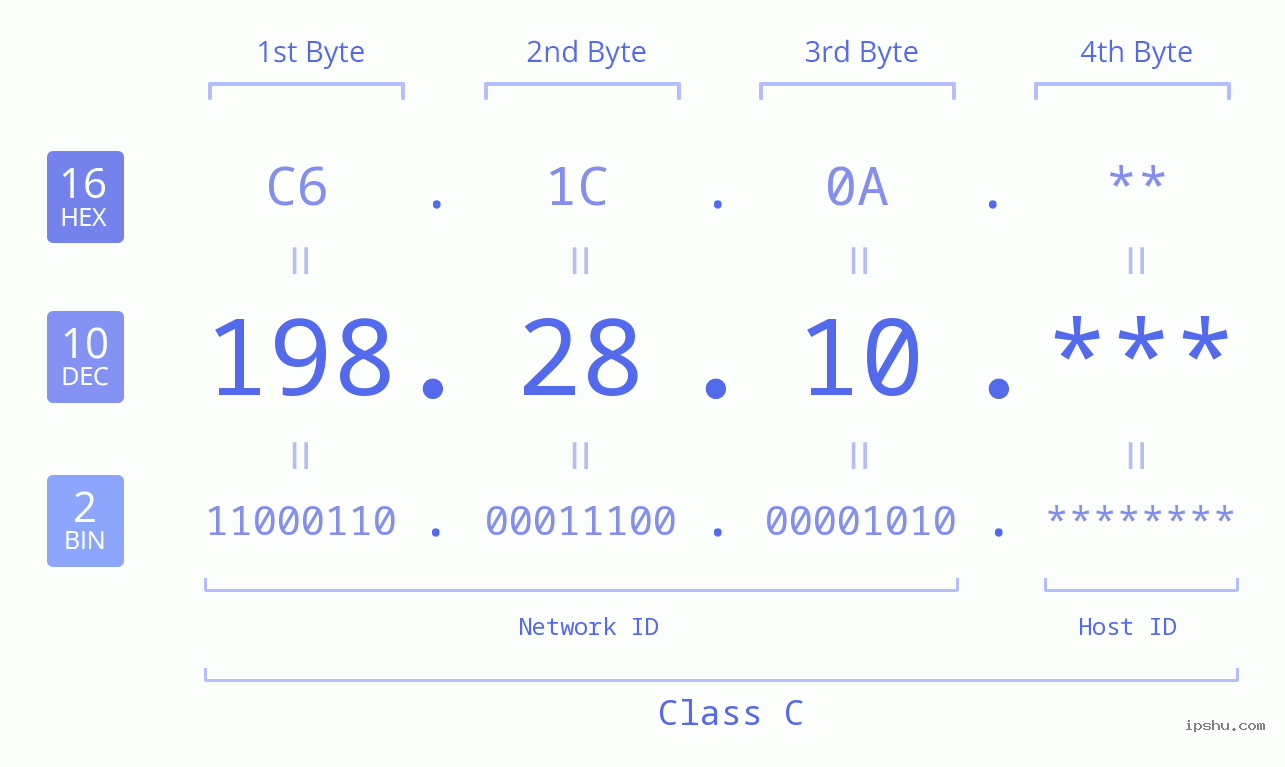 IP Address: 198.28.10 Data Structure Chart BIN DEC HEX IPv4: 198.28.10 Network Class, Net ID, Host ID