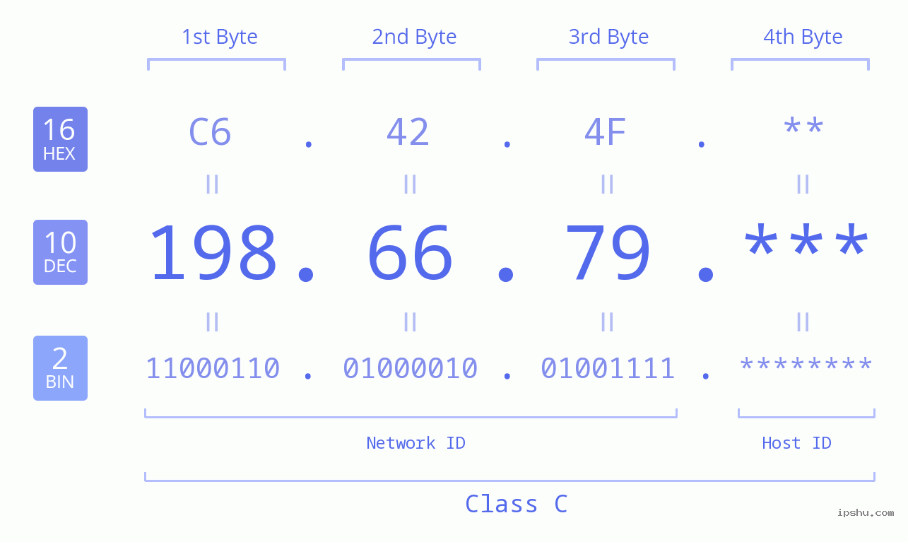 IP Address: 198.66.79 Data Structure Chart BIN DEC HEX IPv4: 198.66.79 Network Class, Net ID, Host ID