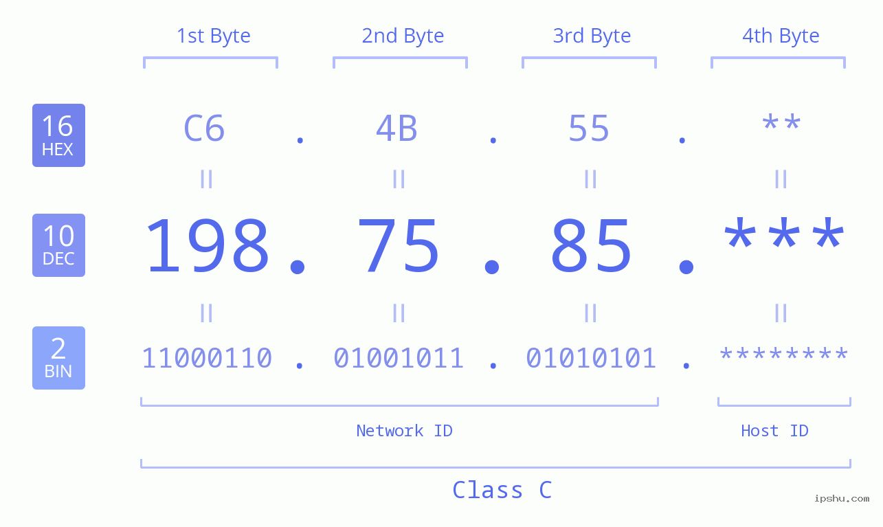 IP Address: 198.75.85 Data Structure Chart BIN DEC HEX IPv4: 198.75.85 Network Class, Net ID, Host ID