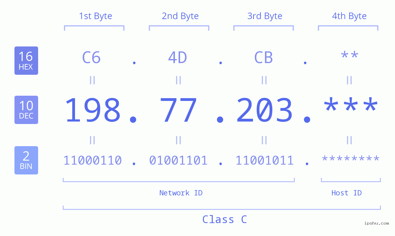 IP Address: 198.77.203 Data Structure Chart BIN DEC HEX IPv4: 198.77.203 Network Class, Net ID, Host ID