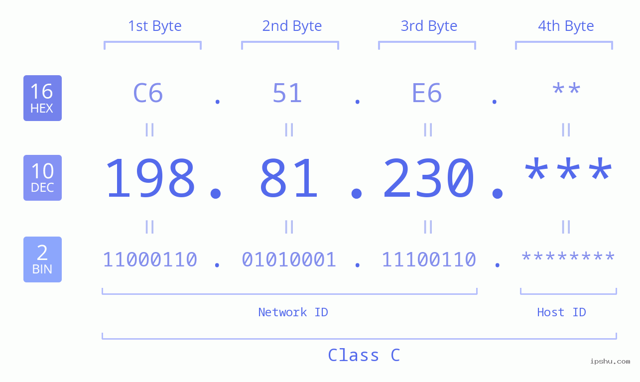 IP Address: 198.81.230 Data Structure Chart BIN DEC HEX IPv4: 198.81.230 Network Class, Net ID, Host ID