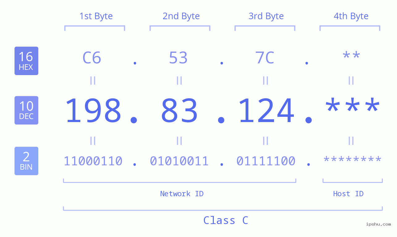 IP Address: 198.83.124 Data Structure Chart BIN DEC HEX IPv4: 198.83.124 Network Class, Net ID, Host ID