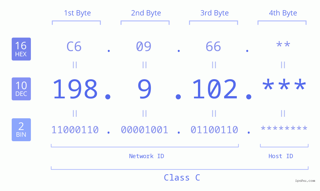 IP Address: 198.9.102 Data Structure Chart BIN DEC HEX IPv4: 198.9.102 Network Class, Net ID, Host ID