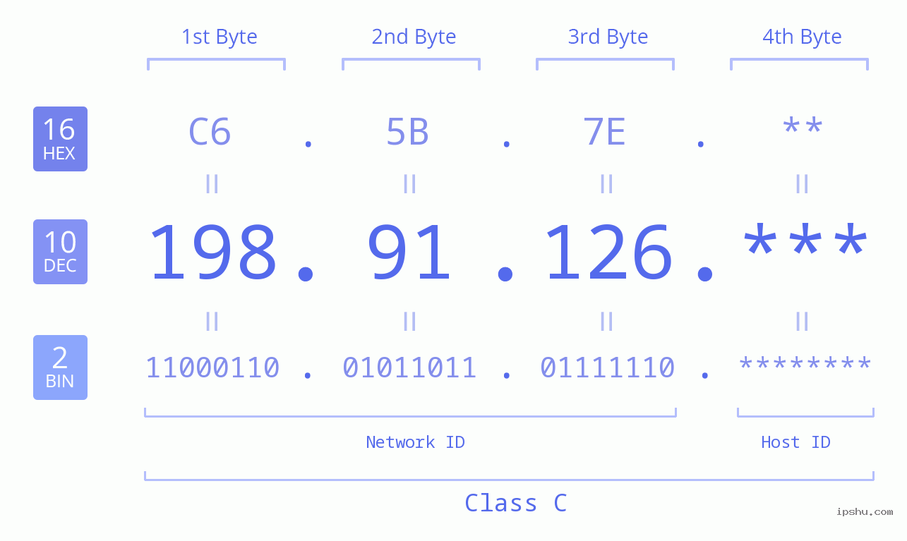 IP Address: 198.91.126 Data Structure Chart BIN DEC HEX IPv4: 198.91.126 Network Class, Net ID, Host ID