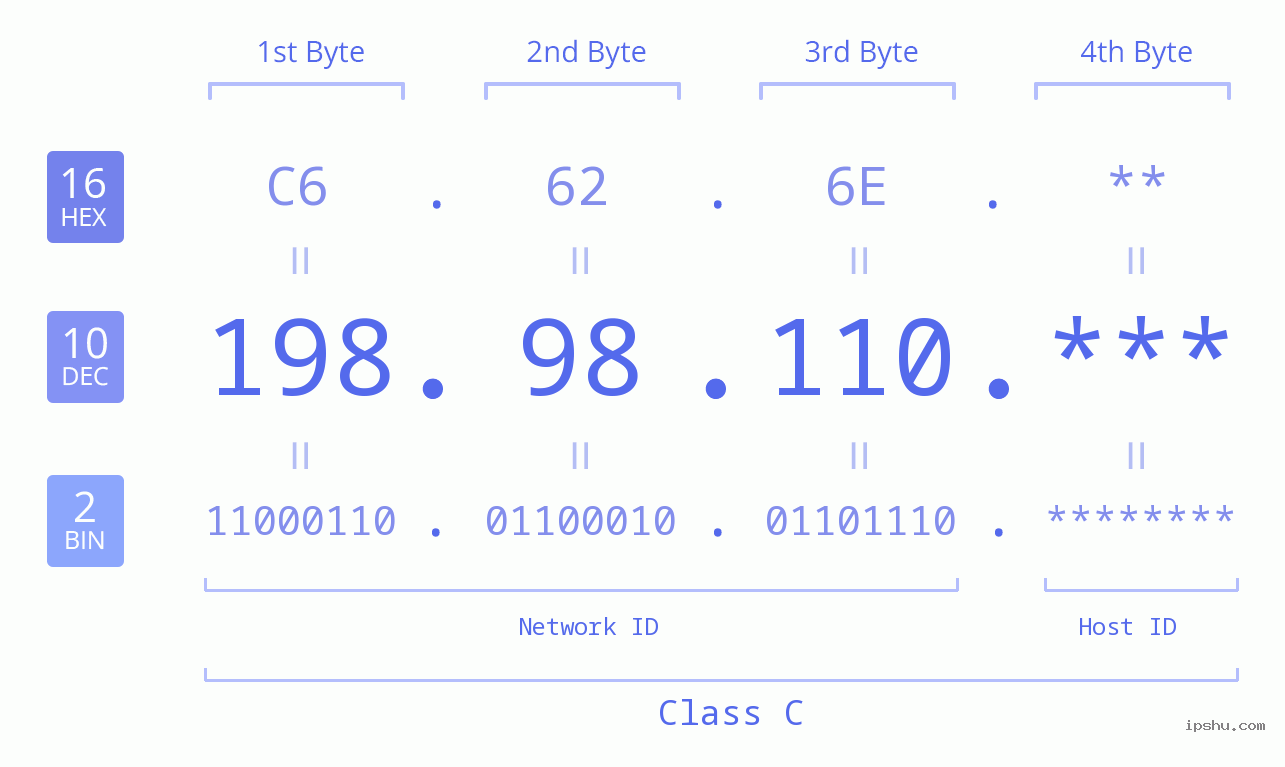 IP Address: 198.98.110 Data Structure Chart BIN DEC HEX IPv4: 198.98.110 Network Class, Net ID, Host ID