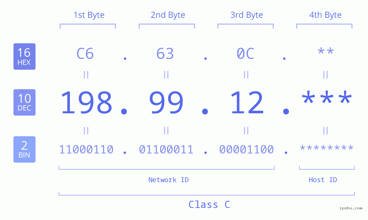 IP Address: 198.99.12 Data Structure Chart BIN DEC HEX IPv4: 198.99.12 Network Class, Net ID, Host ID