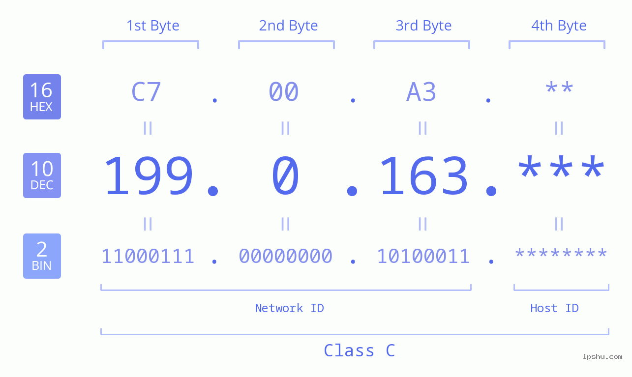 IP Address: 199.0.163 Data Structure Chart BIN DEC HEX IPv4: 199.0.163 Network Class, Net ID, Host ID