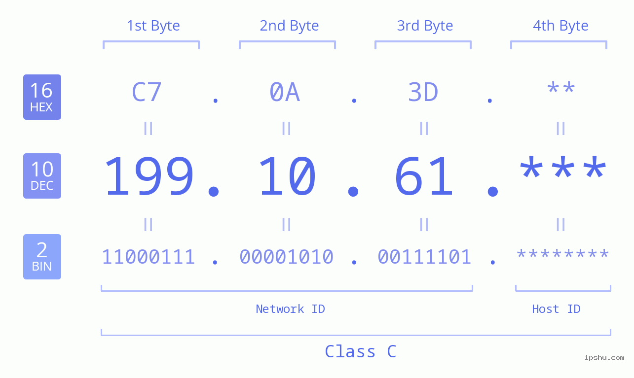 IP Address: 199.10.61 Data Structure Chart BIN DEC HEX IPv4: 199.10.61 Network Class, Net ID, Host ID