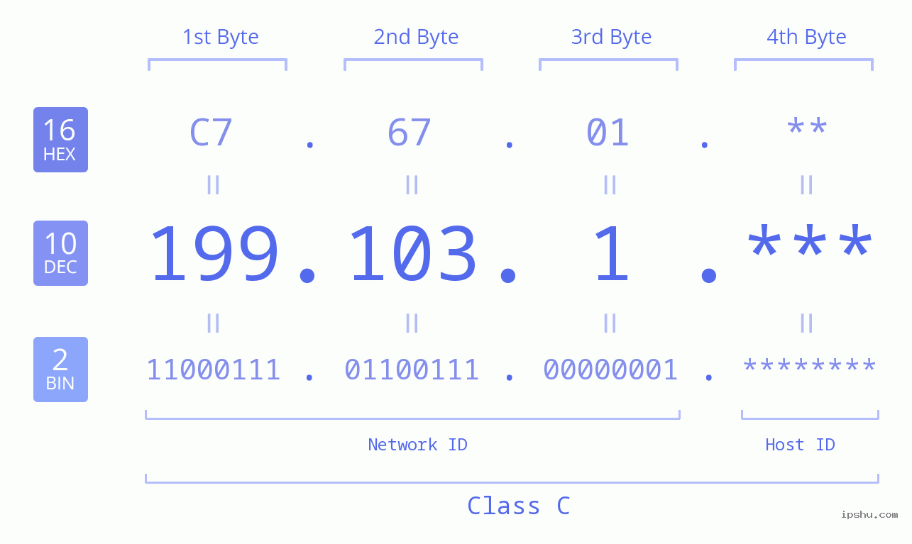 IP Address: 199.103.1 Data Structure Chart BIN DEC HEX IPv4: 199.103.1 Network Class, Net ID, Host ID
