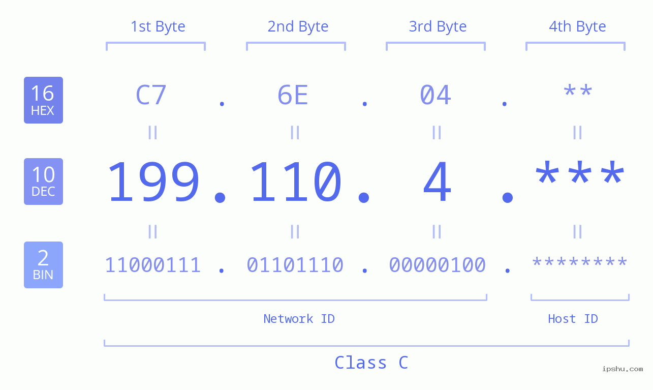 IP Address: 199.110.4 Data Structure Chart BIN DEC HEX IPv4: 199.110.4 Network Class, Net ID, Host ID