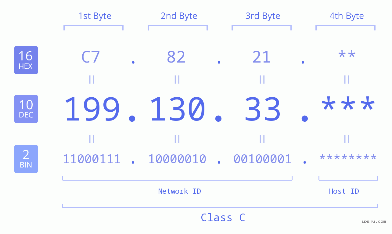 IP Address: 199.130.33 Data Structure Chart BIN DEC HEX IPv4: 199.130.33 Network Class, Net ID, Host ID