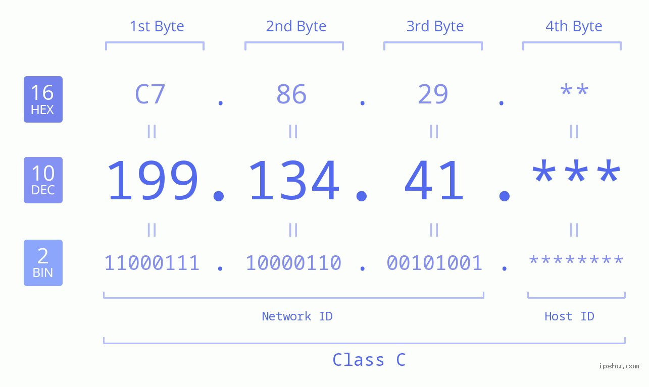 IP Address: 199.134.41 Data Structure Chart BIN DEC HEX IPv4: 199.134.41 Network Class, Net ID, Host ID