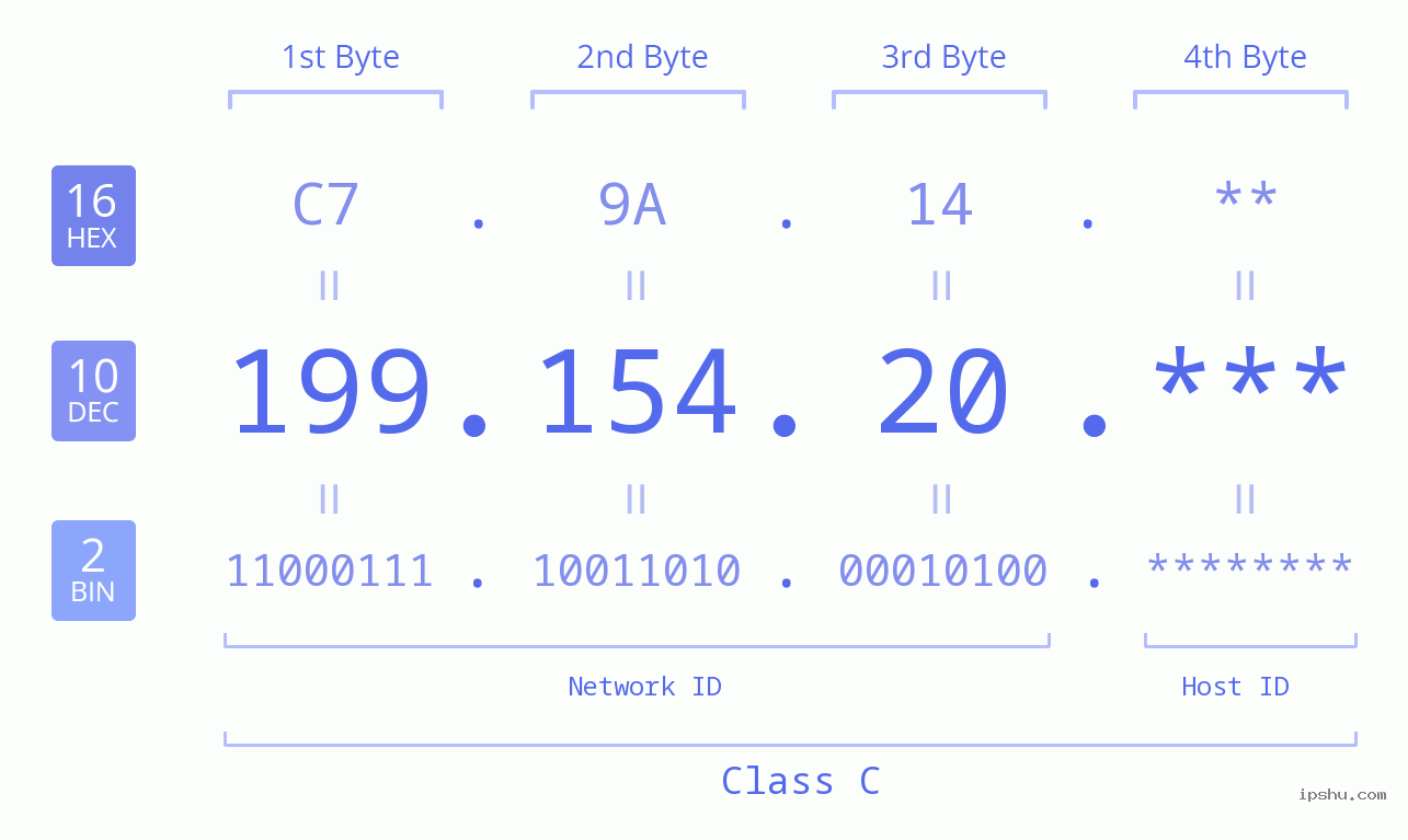 IP Address: 199.154.20 Data Structure Chart BIN DEC HEX IPv4: 199.154.20 Network Class, Net ID, Host ID