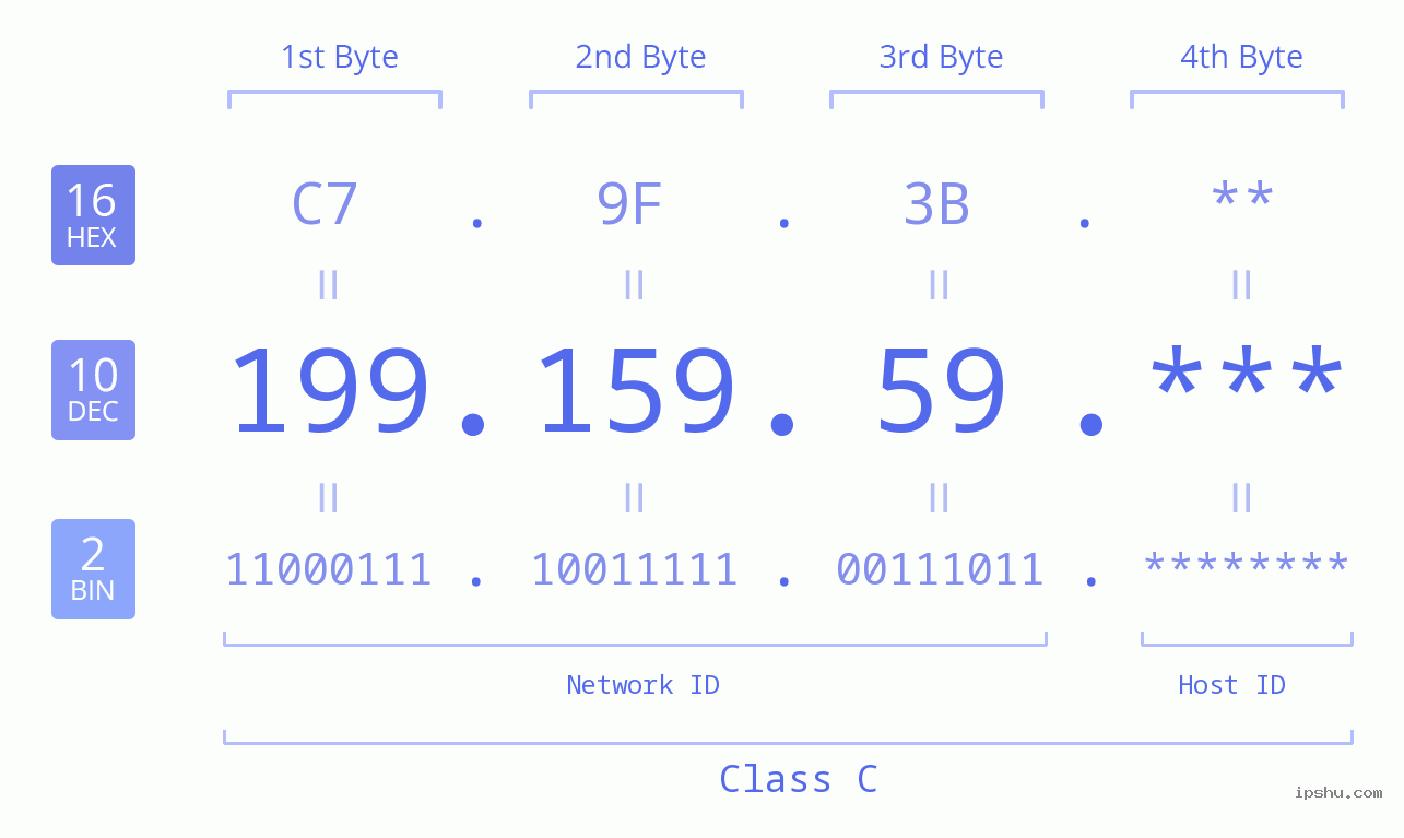 IP Address: 199.159.59 Data Structure Chart BIN DEC HEX IPv4: 199.159.59 Network Class, Net ID, Host ID