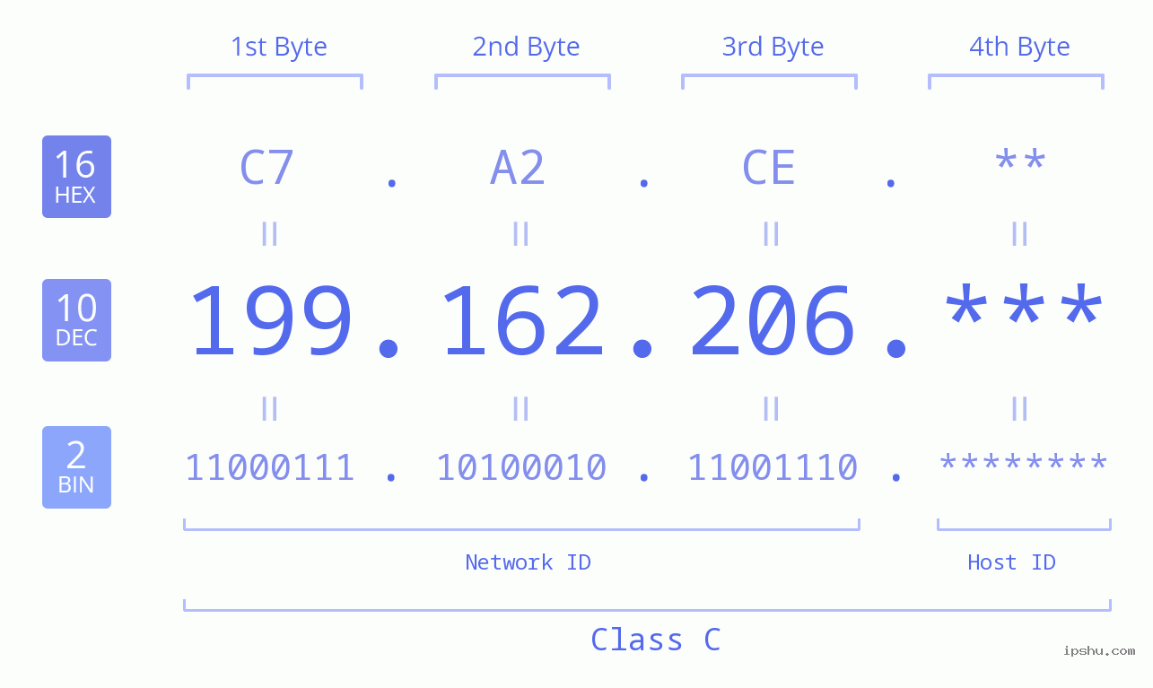 IP Address: 199.162.206 Data Structure Chart BIN DEC HEX IPv4: 199.162.206 Network Class, Net ID, Host ID