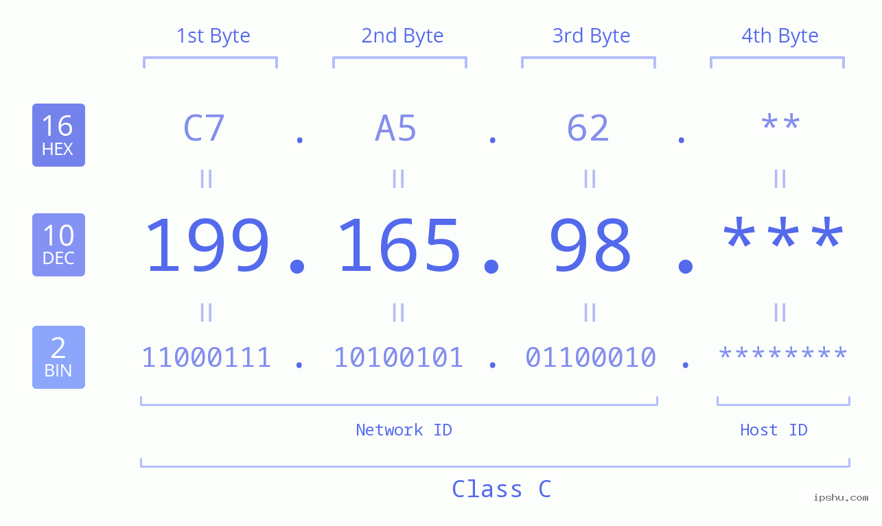 IP Address: 199.165.98 Data Structure Chart BIN DEC HEX IPv4: 199.165.98 Network Class, Net ID, Host ID