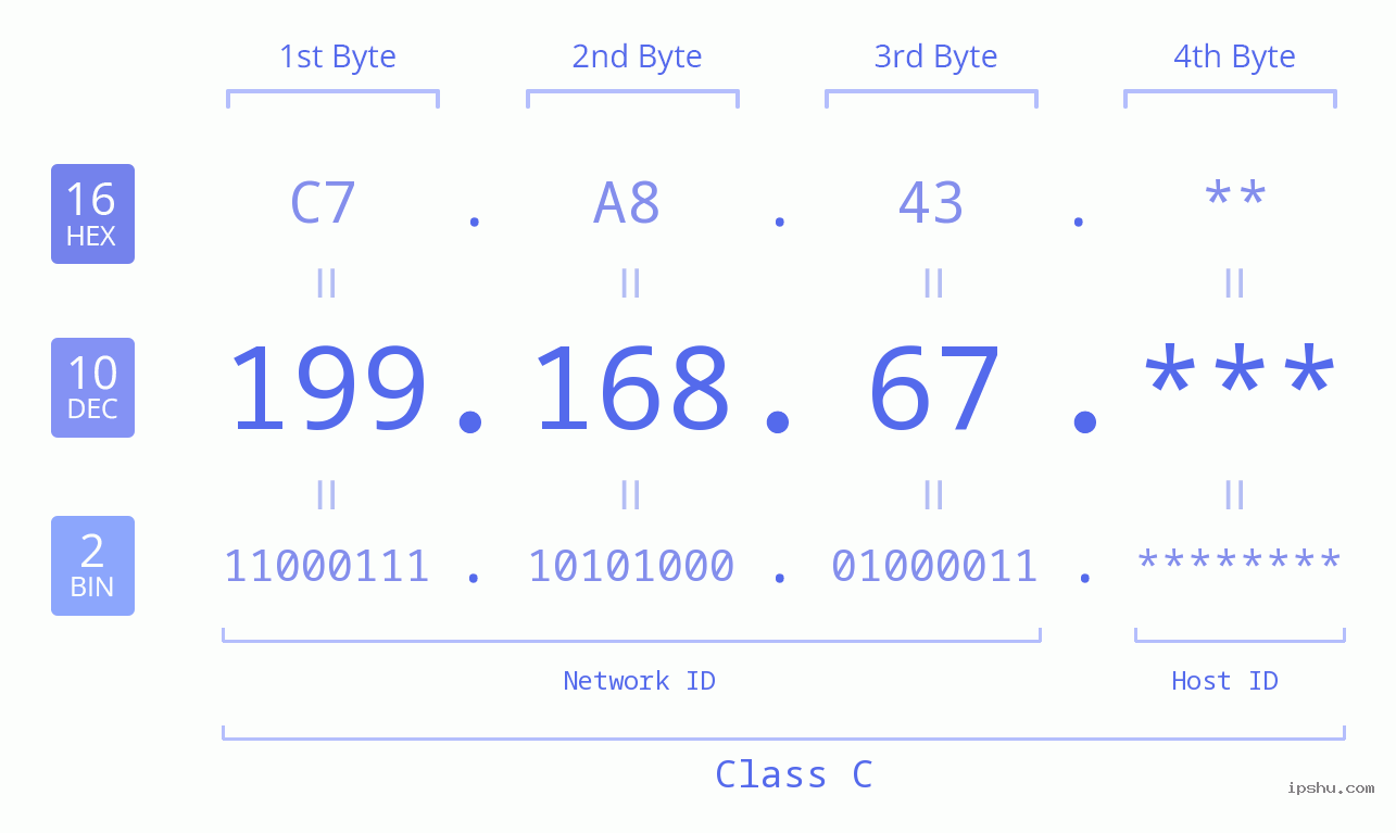 IP Address: 199.168.67 Data Structure Chart BIN DEC HEX IPv4: 199.168.67 Network Class, Net ID, Host ID