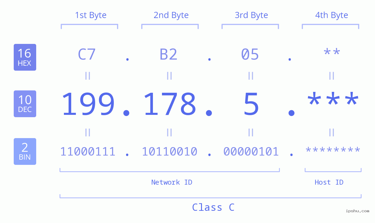 IP Address: 199.178.5 Data Structure Chart BIN DEC HEX IPv4: 199.178.5 Network Class, Net ID, Host ID