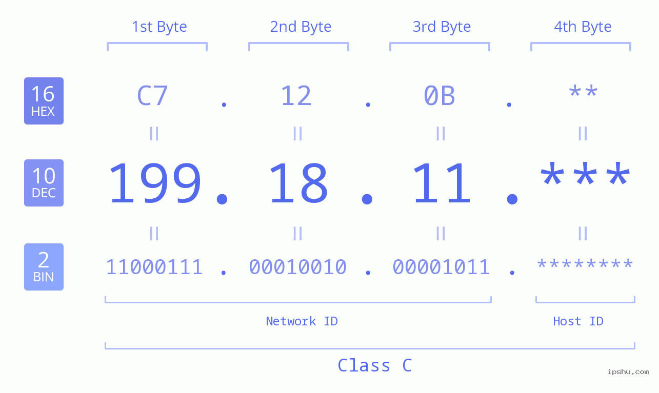 IP Address: 199.18.11 Data Structure Chart BIN DEC HEX IPv4: 199.18.11 Network Class, Net ID, Host ID