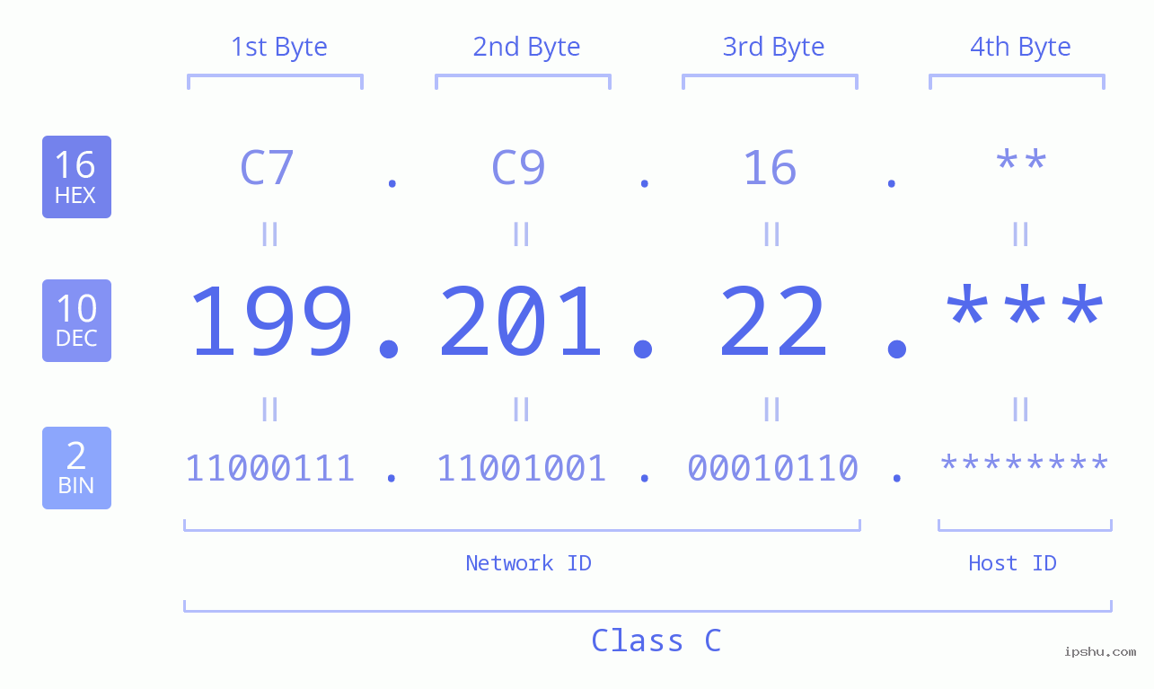 IP Address: 199.201.22 Data Structure Chart BIN DEC HEX IPv4: 199.201.22 Network Class, Net ID, Host ID