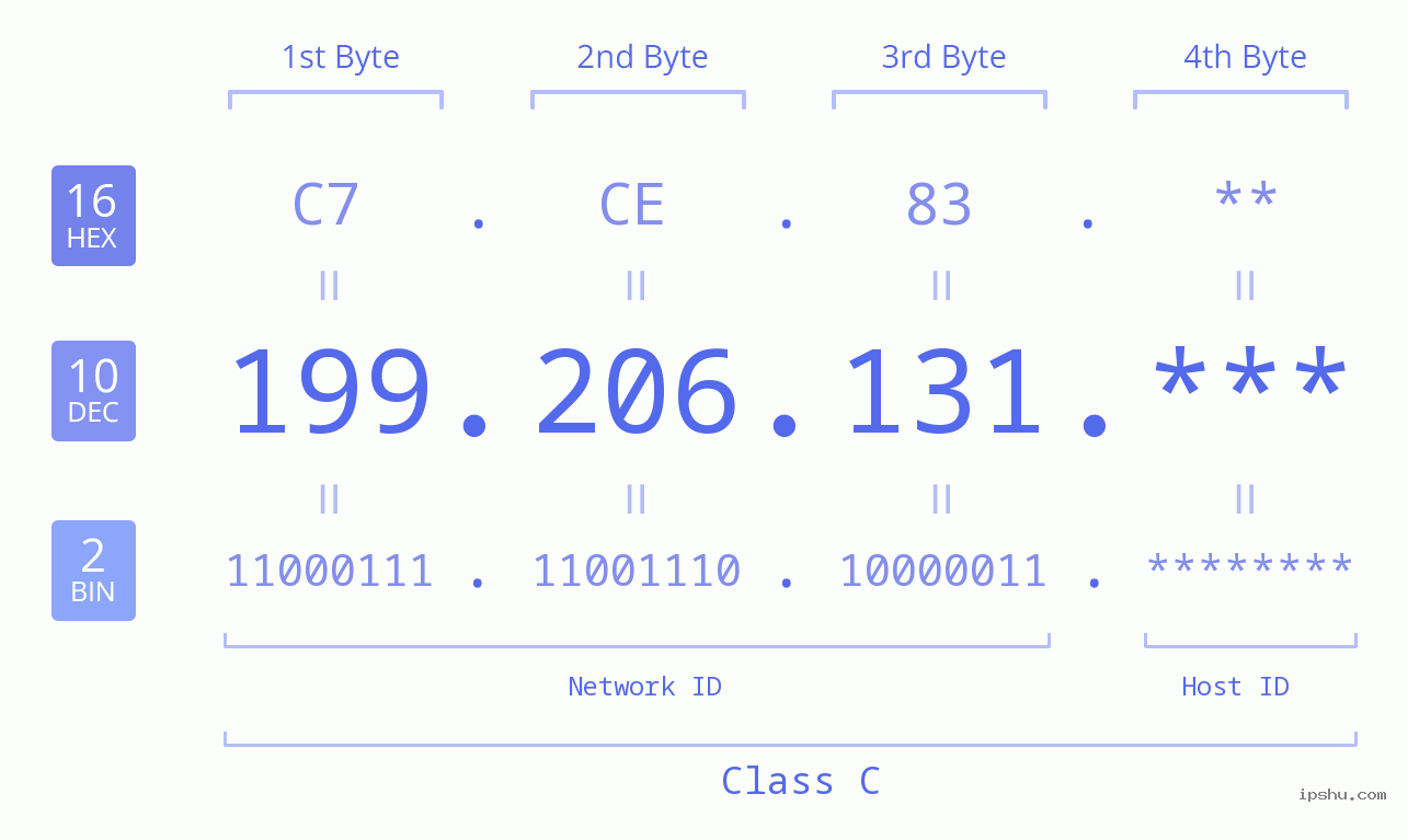 IP Address: 199.206.131 Data Structure Chart BIN DEC HEX IPv4: 199.206.131 Network Class, Net ID, Host ID