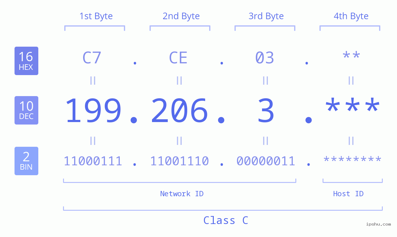 IP Address: 199.206.3 Data Structure Chart BIN DEC HEX IPv4: 199.206.3 Network Class, Net ID, Host ID