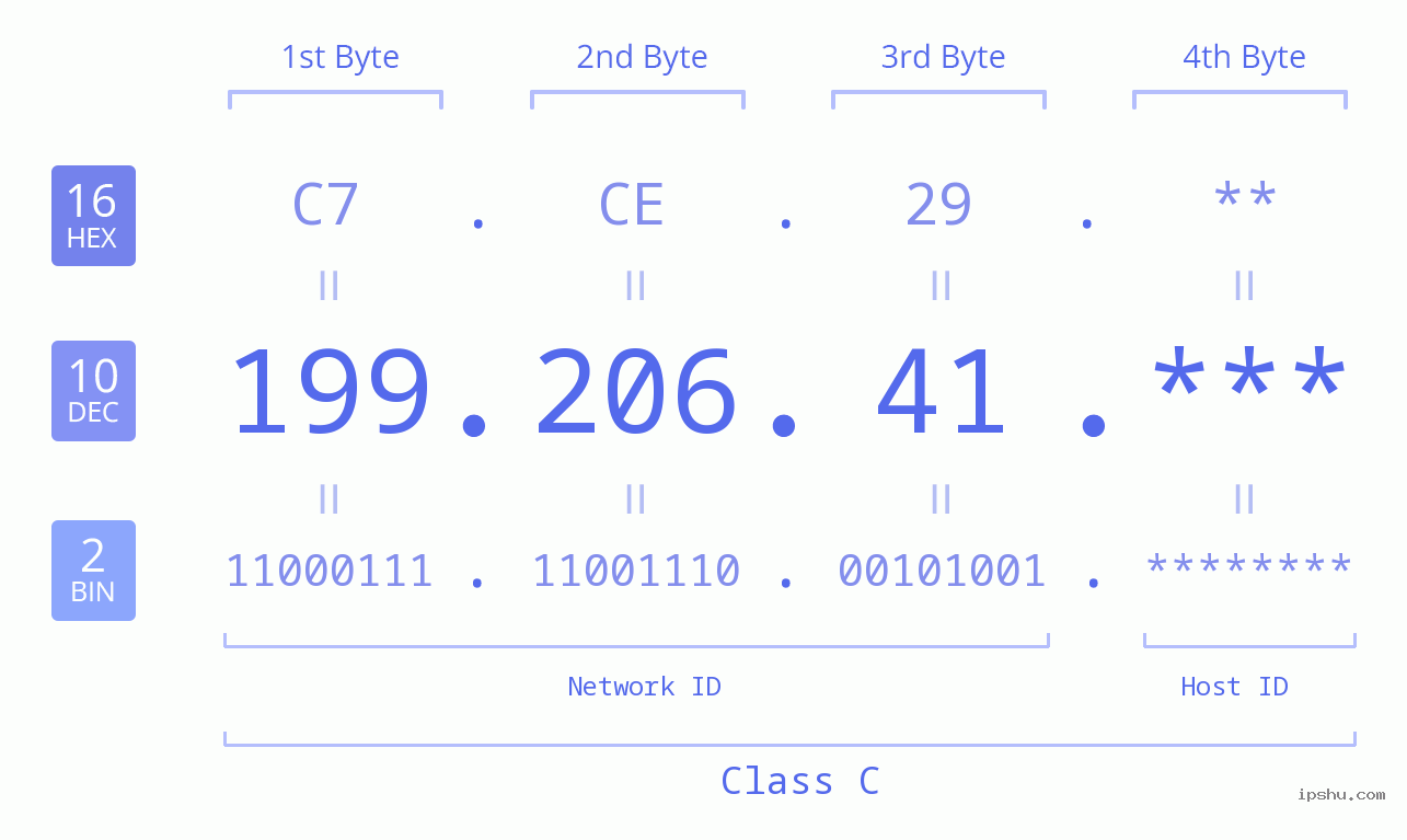 IP Address: 199.206.41 Data Structure Chart BIN DEC HEX IPv4: 199.206.41 Network Class, Net ID, Host ID