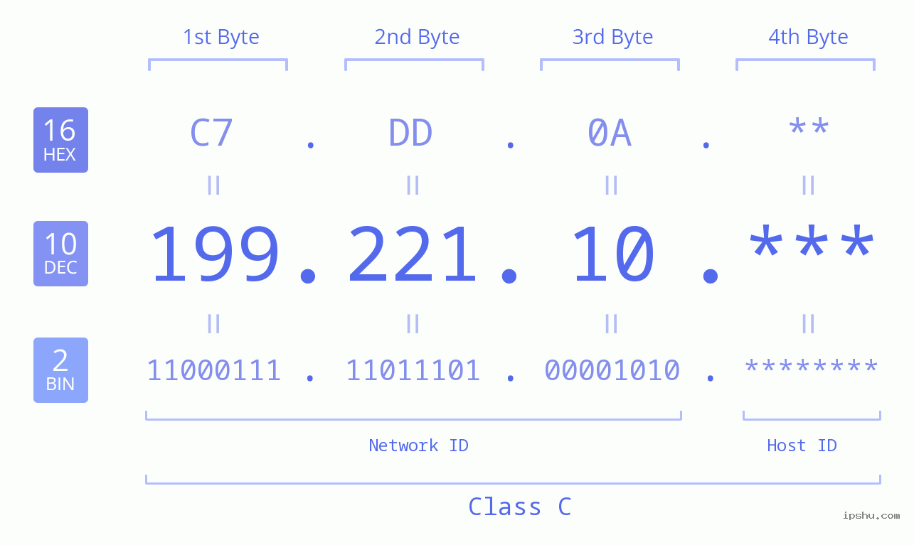 IP Address: 199.221.10 Data Structure Chart BIN DEC HEX IPv4: 199.221.10 Network Class, Net ID, Host ID