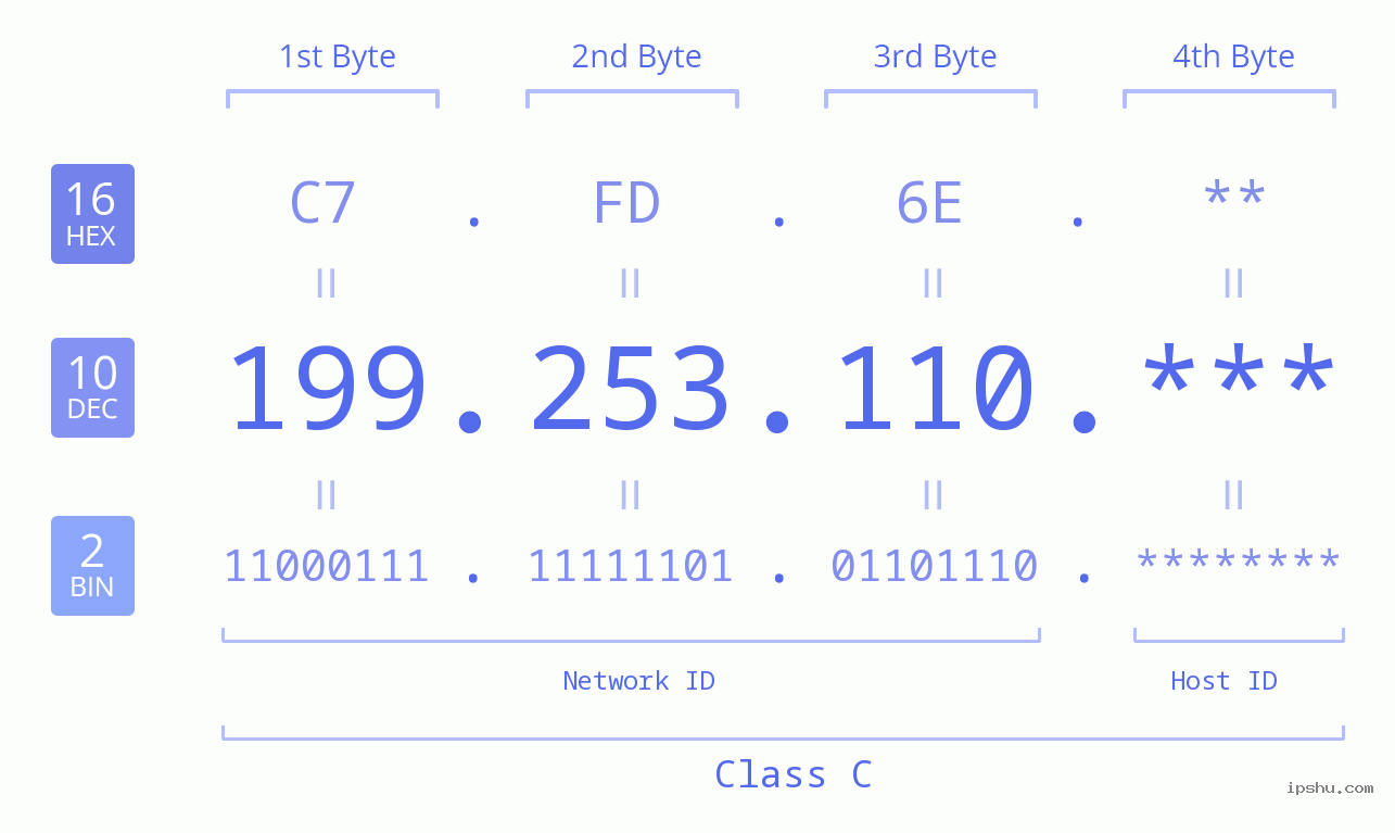 IP Address: 199.253.110 Data Structure Chart BIN DEC HEX IPv4: 199.253.110 Network Class, Net ID, Host ID