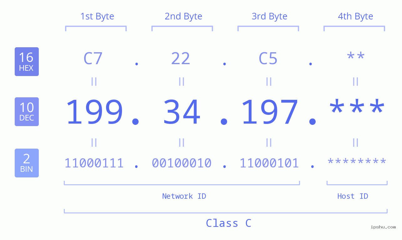 IP Address: 199.34.197 Data Structure Chart BIN DEC HEX IPv4: 199.34.197 Network Class, Net ID, Host ID