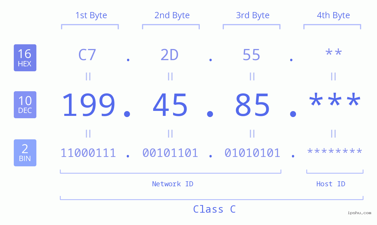 IP Address: 199.45.85 Data Structure Chart BIN DEC HEX IPv4: 199.45.85 Network Class, Net ID, Host ID