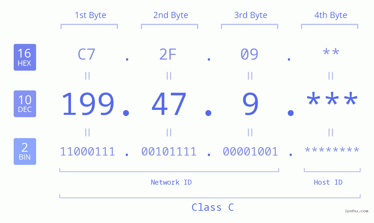 IP Address: 199.47.9 Data Structure Chart BIN DEC HEX IPv4: 199.47.9 Network Class, Net ID, Host ID
