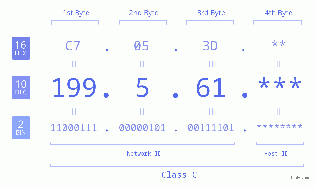 IP Address: 199.5.61 Data Structure Chart BIN DEC HEX IPv4: 199.5.61 Network Class, Net ID, Host ID