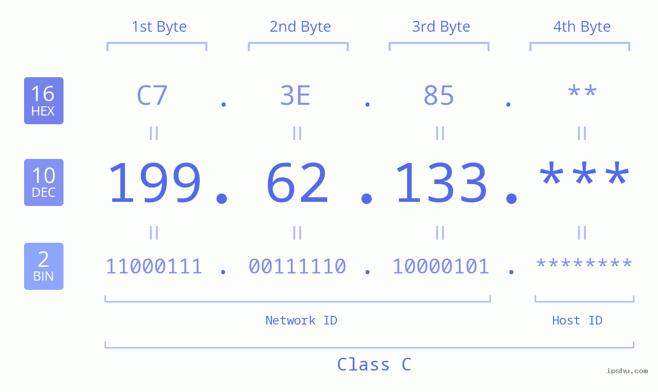 IP Address: 199.62.133 Data Structure Chart BIN DEC HEX IPv4: 199.62.133 Network Class, Net ID, Host ID