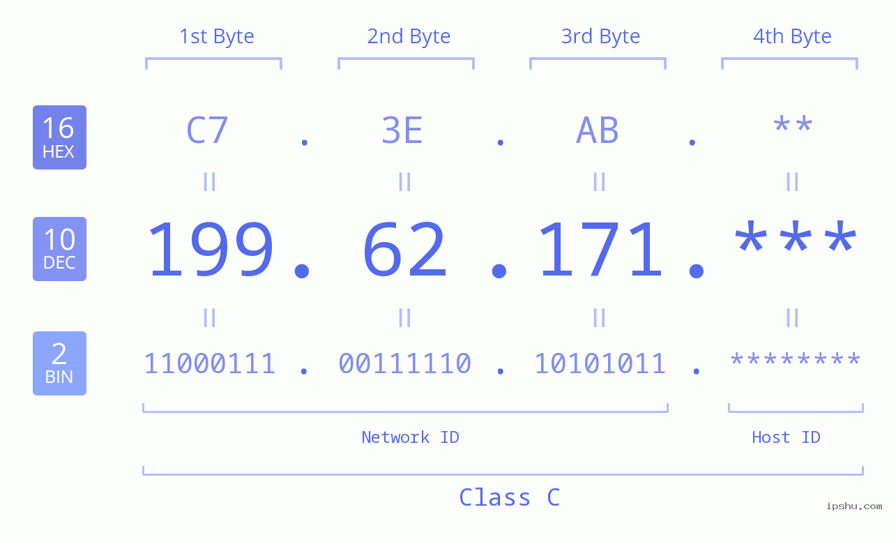 IP Address: 199.62.171 Data Structure Chart BIN DEC HEX IPv4: 199.62.171 Network Class, Net ID, Host ID