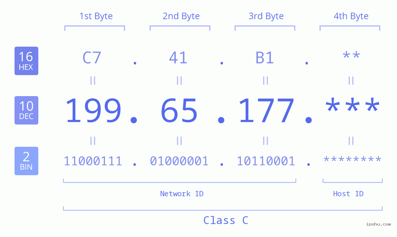 IP Address: 199.65.177 Data Structure Chart BIN DEC HEX IPv4: 199.65.177 Network Class, Net ID, Host ID