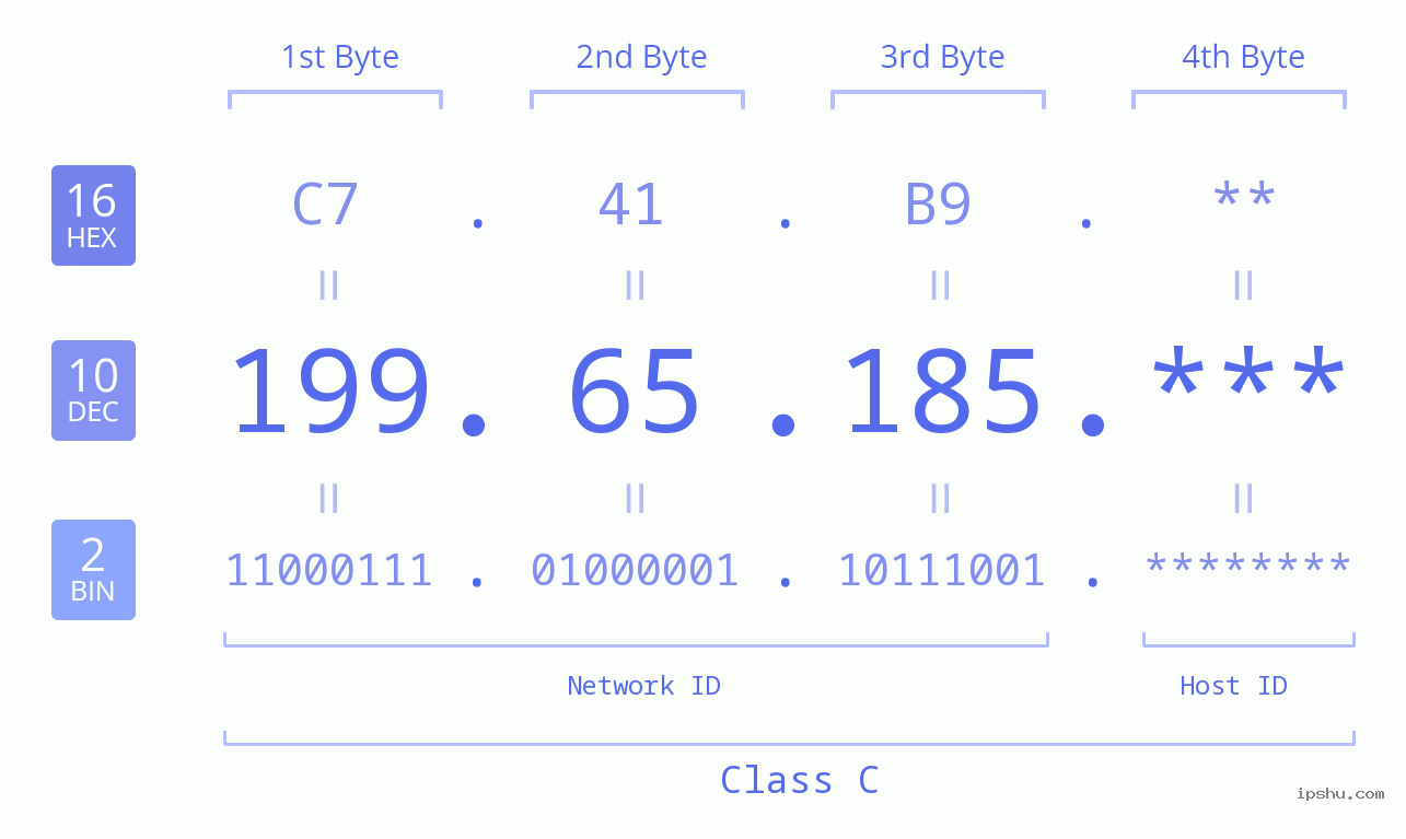 IP Address: 199.65.185 Data Structure Chart BIN DEC HEX IPv4: 199.65.185 Network Class, Net ID, Host ID