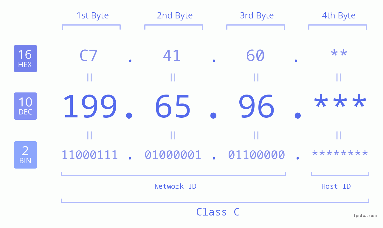 IP Address: 199.65.96 Data Structure Chart BIN DEC HEX IPv4: 199.65.96 Network Class, Net ID, Host ID