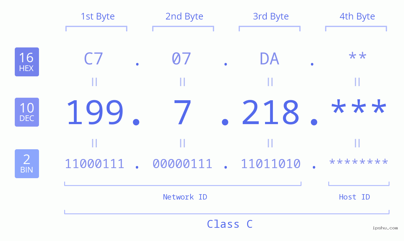 IP Address: 199.7.218 Data Structure Chart BIN DEC HEX IPv4: 199.7.218 Network Class, Net ID, Host ID
